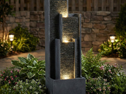 Outdoor Water Fountain With Cascading Waterfall And LED Lighting - Black