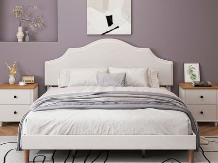 King Size, Upholstered Platform Bed Frame With Adjustable Headboard, No Box Spring Needed - White