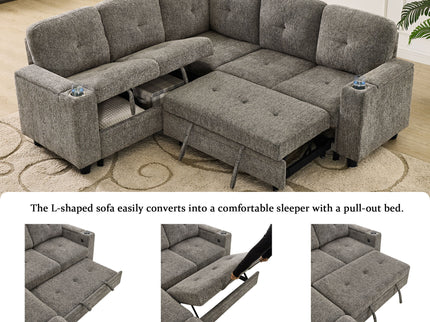 5 Seat Reversible L - Shaped Sleeper Sofa, Pull Out Convertible Sectional Couch With Storage, USB C - Charger, Cup Holders Modular Sofa Bed - Gray