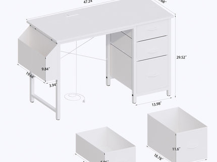 Office Desk With Power Outlet, 3 Drawers And Side Pocket For Office - White