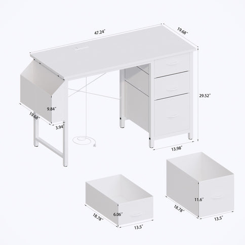 Office Desk With Power Outlet, 3 Drawers And Side Pocket For Office - White
