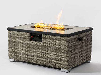32" Propane Gas Fire Pit Table With Propane Tank Cover, 50000 Btu Rectangular Steel Fire Pit With Beautiful Wicker Base