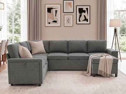 U - Shaped Convertible Sectional Sofa Bed With Storage, USB Charger & Cup Holders