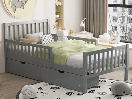 Platform Bed With Guardrails On Both Sides And 2 Storage Drawers