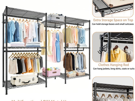 Heavy Duty Garment Rack With 8 Adjustable Wire Shelves And 5 Clothes Rails, Freestanding Closet Organizer Metal - Black