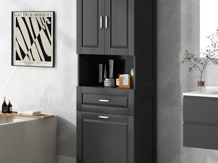 Tall Bathroom Cabinet With Tilt-Out Laundry Basket And Upper Storage