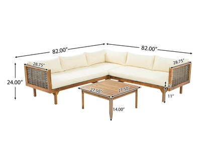 Premium Outdoor Sofa Set With Waterproof Cushions Sectional Seating Group With Acacia Wood And Wicker - Brown Mix / Beige