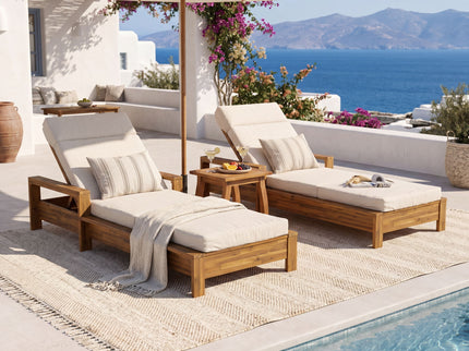 Chaise Lounge Set With 4 Fold Cushion And Built In Headrest, 3 Position Adjustable, For Patio Pool - Cream / Teak