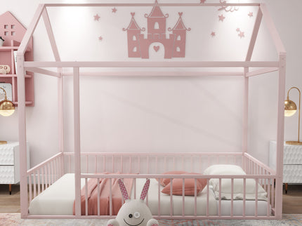 Metal Bed House Bed Frame With Fence