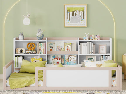 Platform Floor Bed With Guardrail Fence And Side Storage Shelves