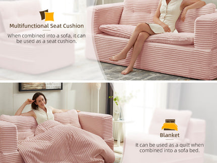 Multi Functional Sectional Sofa Bed With Independent Chaise Lounge And Functional Blanket, Convertible King Size Bed, Deep Seat - Baby Pink