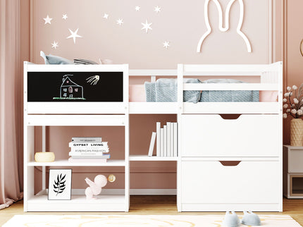 Low Loft Bed With Rolling Desk, Shelf And Drawers