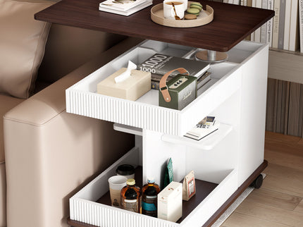 Adjustable End Table With Wheels, 360°Rotating Top And Storage Space