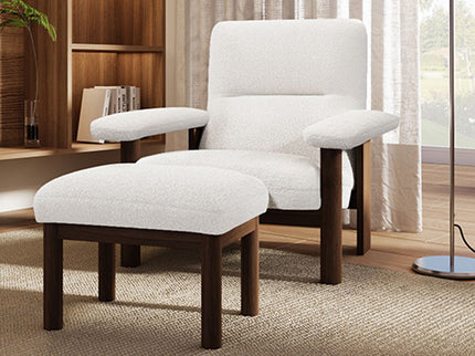 Modern Accent Chair With Ottoman, Mid Century Lounge Chair With Footrest, Comfy Fabric Armchair Upholstered Set With Solid Wood Frame For Living Room - White