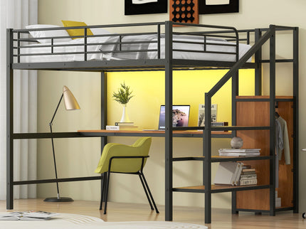 Loft Bed With Desk, Storage Staircase, Small Wardrobe And LED Light