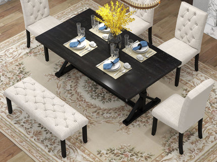 6 Piece Dining Table Set With Rectangular Wood Table, 4 Upholstered Chairs, Bench