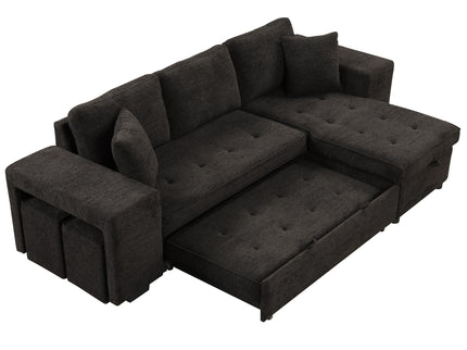 Modern L-Shape 3 Seat Reversible Sectional Couch, Pull Out Sleeper Sofa With Storage Chaise And 2 Stools For Living Room Furniture Set