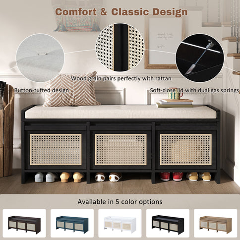 Entryway Shoe Bench With Drawers & Button Tufted Cushion