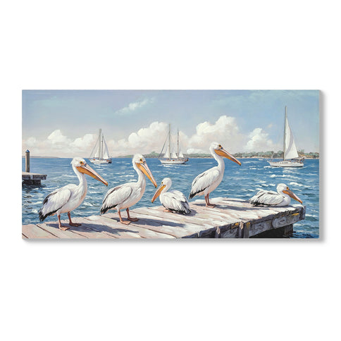 Beach Wall Art Large Ocean Seagull Canvas Pictures For Living Room - Ivory / Navy