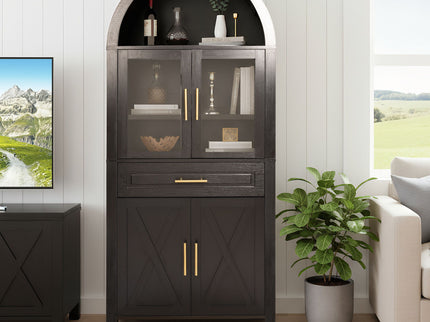 Arched Kitchen Pantry Cabinet With Adjustable Shelves & Barn Door Design