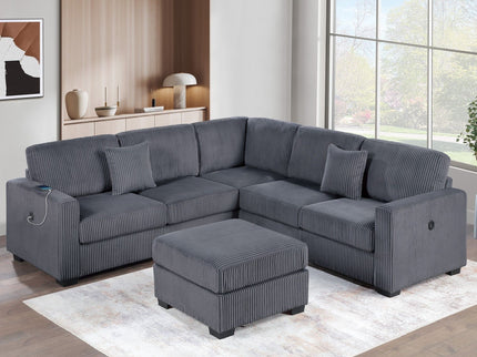 Upholstered L - Shaped 4 Piece Sectional Set With USB, Cocktail Ottoman
