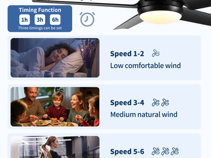 Ceiling Fan With Lights And Remote Control, Reversible DC Motor, 6 Speeds, 3 Cct Dimmable LED, Quiet Timer For Indoor - Black