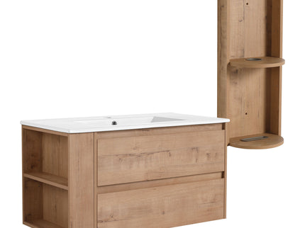 Modern Wall Mounted Bathroom Vanity With Ceramic Sink And Storage Rack, 2 Soft Close Drawers