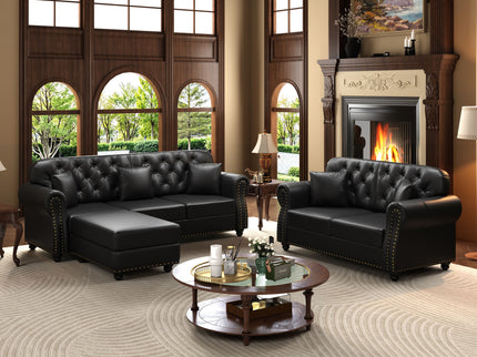 Upholstered Sofa With Nailhead Trim, Rolled Armrests With Ottoman