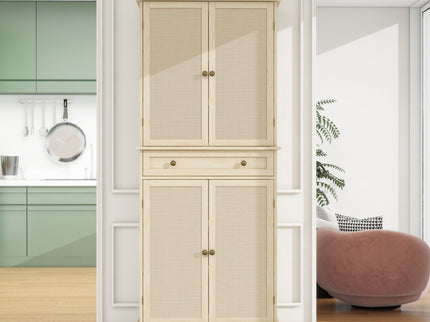 4 Door Storage Cabinet With 1 Drawer And 4 Adjustable Inner Shelves - Natural