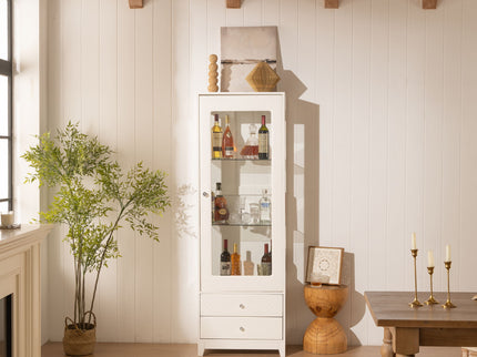 Modern Upholstered Glass Display Cabinet With Adjustable LED Light - White
