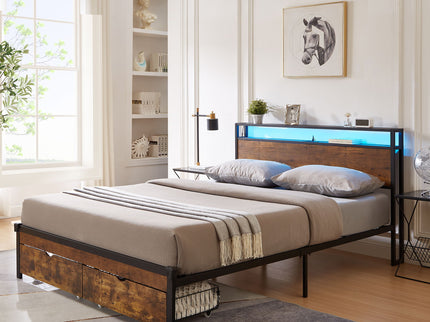 Modern Metal Platform Bed Frame With Wooden Headboard And Footboard, USB Charging Station, LED Lights, 2 Drawers