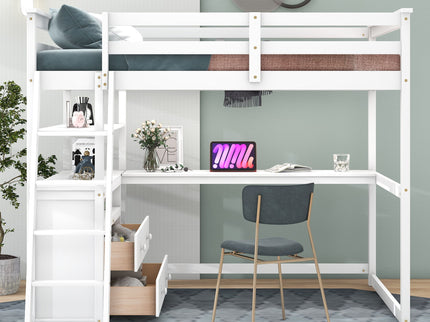 Modern Loft Bed With Built In Desk, Shelves, And 2 Drawers
