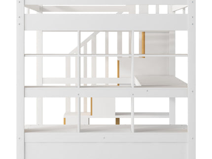 Full Size Loft Bed With Desk And Shelves, 2 Built In Drawers, Storage Staircase - Natural / White