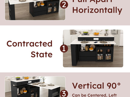 Retro Kitchen Island Set With Chairs, Extendable & Rotating Table, 4 Drawers & Door Cabinets