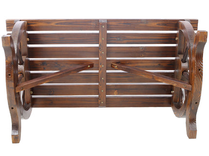 Rustic Wooden Bench With Wagon Wheel Legs For Garden And Patio - Brown