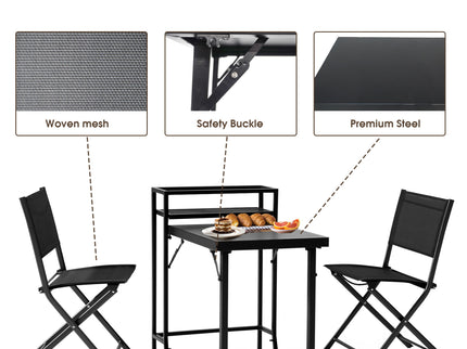 3 Piece Patio Bistro Set, Patio Set Of Foldable Patio Table And Chairs, Outdoor Patio Furniture Sets - Black