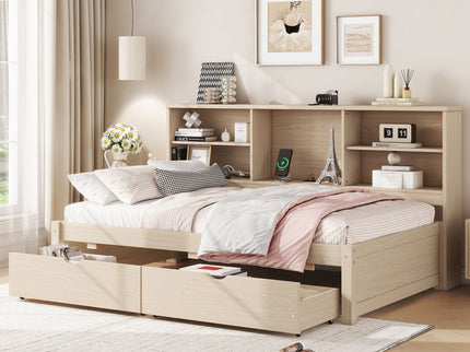 Bed Frame With Side Bookshelves, 2 Drawers, And Built In USB Port