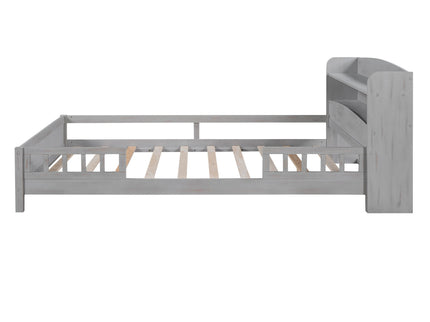 Wood Platform Bed With Built In LED Light, Storage Headboard And Guardrail