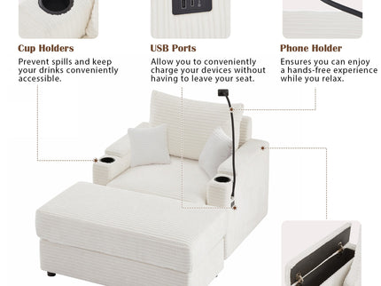 Modern Style Loveseat Sofa Sectional Sofa Couch With Storage Space, A Movable Ottoman, Two USB Ports, Two Cup Holders, A Phone Holder For Living Room