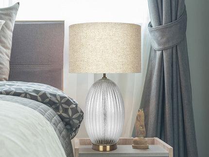 Aurora - Ribbed Lamp Base Clear Table Lamp Large Linen Shade - Beige / Clear / Gold