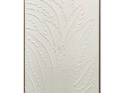 Framed Botanical Leaf Wall Art, Thick Textured Canvas Painting, Neutral Decor For Living Room - White