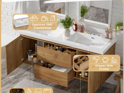 Double Sink Bathroom Vanity, Cabinet & Soft Close Doors, Divided Drawers, Wall Mounted Storage - Wood