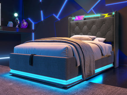 Upholstered Bed, 360 Surround LED Function, Remote Control, Hydraulic Storage Bed With USB, Type-C Charging (Without Mattress)