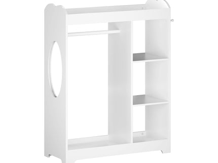 Dress Up Storage With Mirror And Hooks, Clothes Rack With Hanging Rod, 3 Side Hooks, Open Shelves, Top Shelf Organizer - White