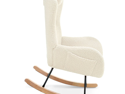 Rocking Chair Nursery, Teddy Upholstered Rocker Glider Chair With High Backrest, Adjustable Headrest & Pocket, Comfy Glider Chair For Nursery, Bedroom, Living Room, Offices, Rubber Wood