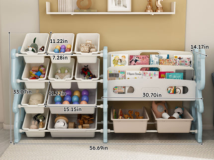 Kids Toy Storage Organizer With 2 Tier Bookshelf, Toy Storage With 12 Bins