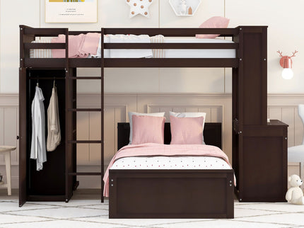 Loft Bed With A Stand Alone Bed, Shelves, Desk, And Wardrobe