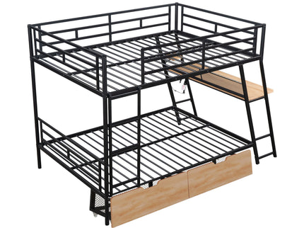 Full Size Bunk Bed With Built In Desk, Light, And 2 Drawers - Black
