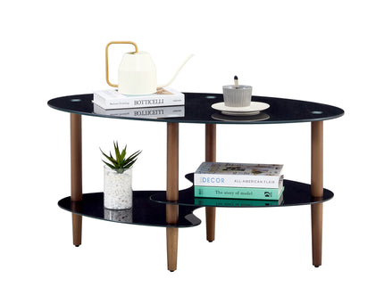 Oval Glass Coffee Table, Modern Table In Living Room Oak Wood Leg Tea Table 3-Layer Tempered Glass Table - Brown / Black