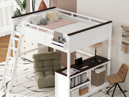 Queen Size Loft Bed With Desk, Open Shelf, Storage Box And USB Charging Station - White